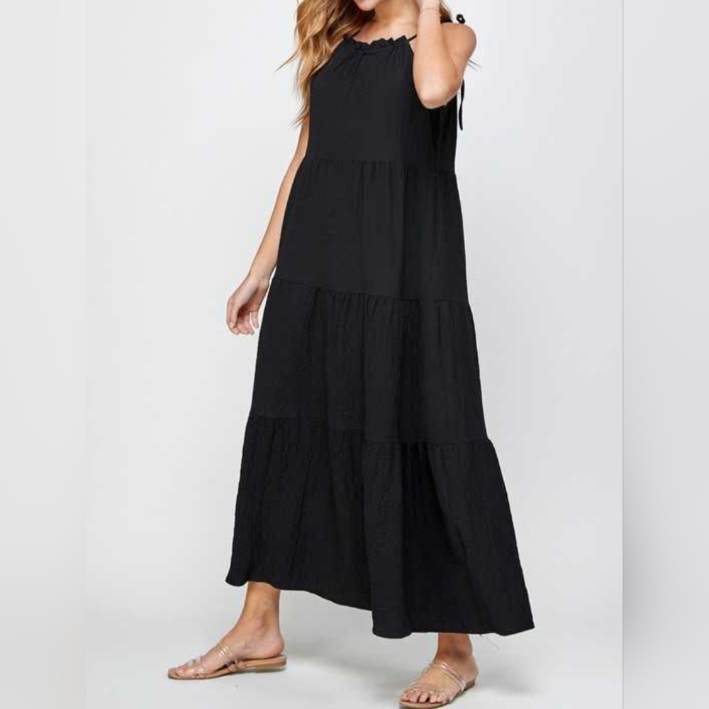 #553 🛑038 S,L NEW! BLACK Tie Shoulder Tiered Maxi Dress